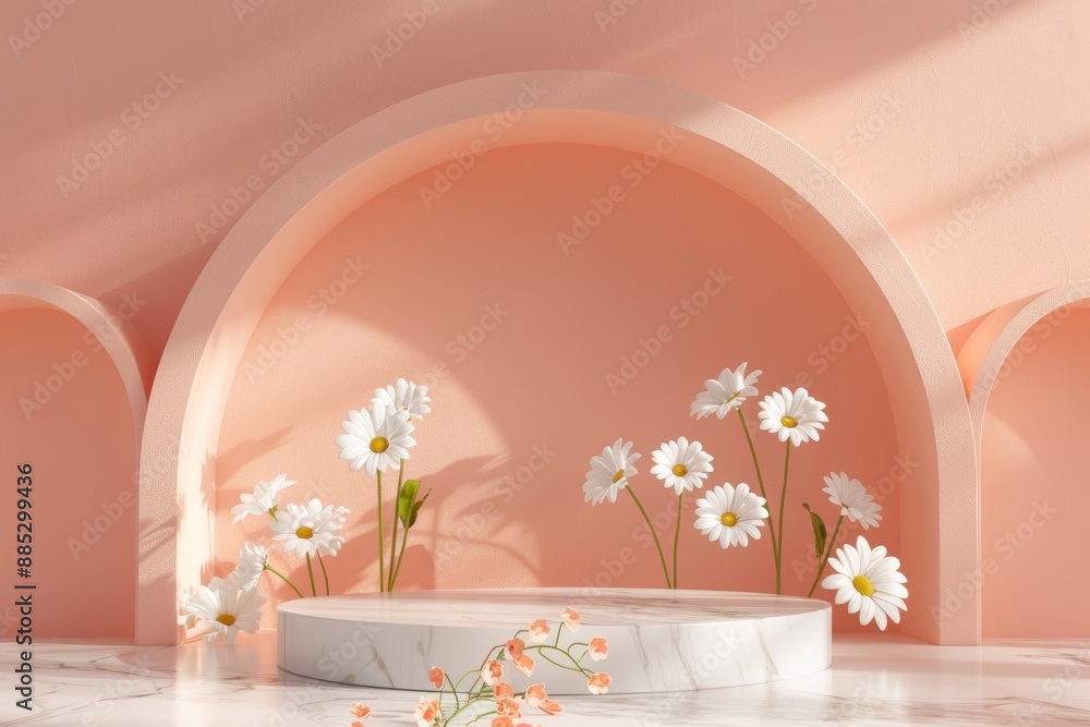 Poster image illustration of an empty space podium display on a natural background for a product mockup