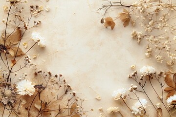 A mockup of a beauty and fashion concept featuring dried grass, leaves, and flowers