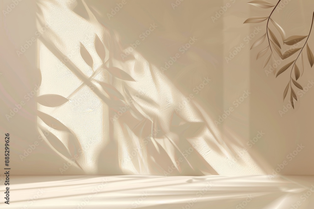 Poster light and shadow from a window and vegetation on the wall create a minimalist abstract light beige b