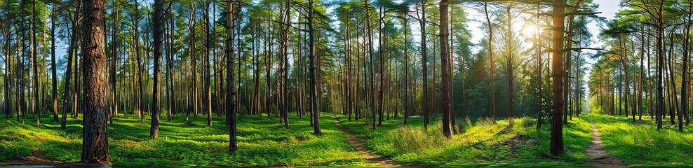Fototapeta premium Summer panorama of a pine forest. Pathway through the park.