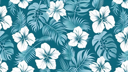 Fototapeta premium Vibrant Tropical Floral Pattern with Exotic Foliage and Flowers on Teal Background