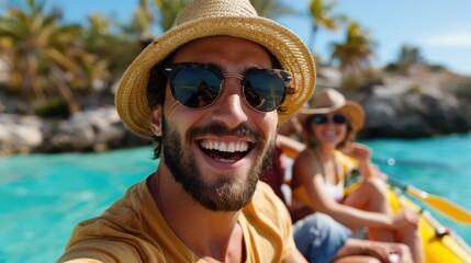 Fototapeta premium A man wearing a straw hat and sunglasses enjoys a kayak ride with friends, paddling through clear turquoise water on a sunny day, capturing the essence of adventure and joy.