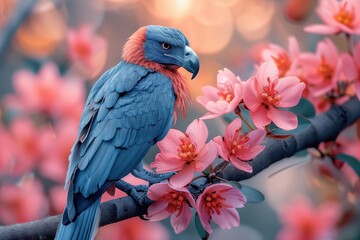 Obraz premium Beautiful Colorful Blue-Browed Shoebill Eagle Sitting on Branch of Pink Flowers in Spring - Photorealistic Hyperrealism, High Resolution 