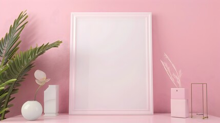 Elegant Pink Minimal Frame Mockup with Decorative Plant and Geometric Objects in White Studio Scene