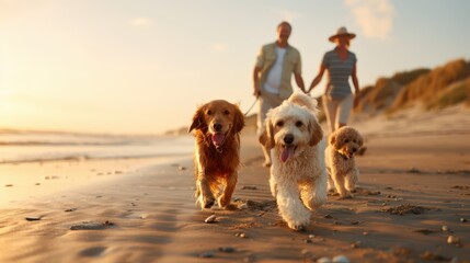 A couple walks along a beach at sunset with their three dogs, enjoying the serene evening atmosphere and the golden hues of the dusk sky reflecting on the water.