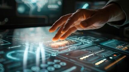 Fototapeta premium Close-up of a person's hand interacting with a holographic interface, showcasing cutting-edge technology