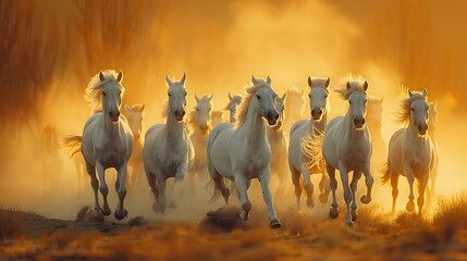 Obraz premium A herd of white horses galloping, dynamic action shot, dust clouds, sandy ground, no background, isolated scene, photorealistic, high detail, motion blur, strong sunlight.
