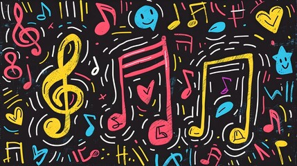 Lively Musical Symbols and Colorful Notes on Vibrant Dark Background
