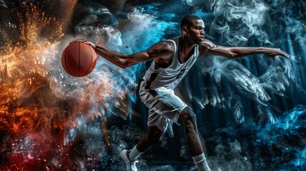 Obraz premium Basketball Player in Action with Smoke and Dust