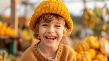 A joyful child wearing an orange sweater and beanie is smiling widely among a setting of pumpkins. The child is enjoying the festive atmosphere of a pumpkin patch.