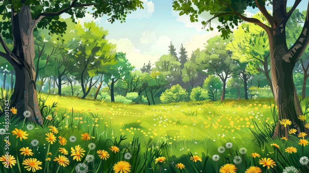 Canvas Prints The background is a beautiful spring natural landscape with young lush green grass and blossoming dandelions.