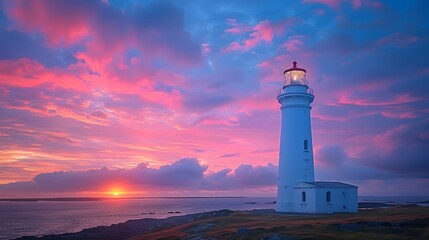 Fototapeta premium A lighthouse silhouetted against the sky at dawn, with soft pastel pink and blue clouds creating a serene backdrop. The scene captures the hope of a new day in its most tranquil form.