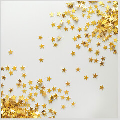 gold stars confetti frame on white background, flat lay