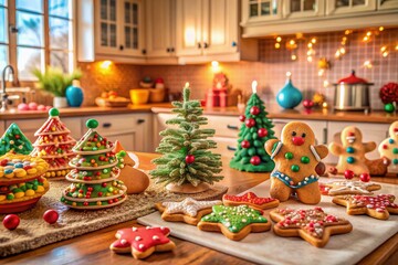 Colorful icing and sprinkles cover a festive holiday kitchen countertop, surrounded by decorated gingerbread cookies, evoking a joyful atmosphere of childhood wonder and sweet celebrations.