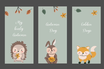 Fototapeta premium Vertical card template for fall autumn holidays. Banner for thanksgiving holiday, october seasonal celebration design. Childrens animals with fall leaves.