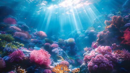 Obraz premium A majestic underwater coral reef with beams of sunlight penetrating the crystal-clear water, creating a mesmerizing and tranquil atmosphere.