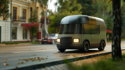 Fototapeta premium futuristic electric delivery van with rounded shapes and a sleek design, driving on an urban street lined by trees and buildings