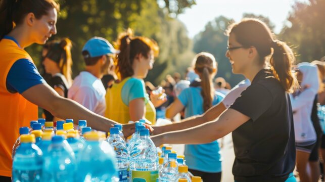 Volunteers organizing a charity run, setting up water stations and cheering on participants