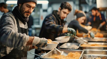 Volunteers serving meals at a soup kitchen, offering hot food and kindness to those in need