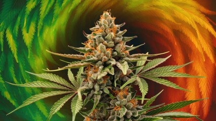Fototapeta premium A marijuana plant is shown in front of a colorful background, AI