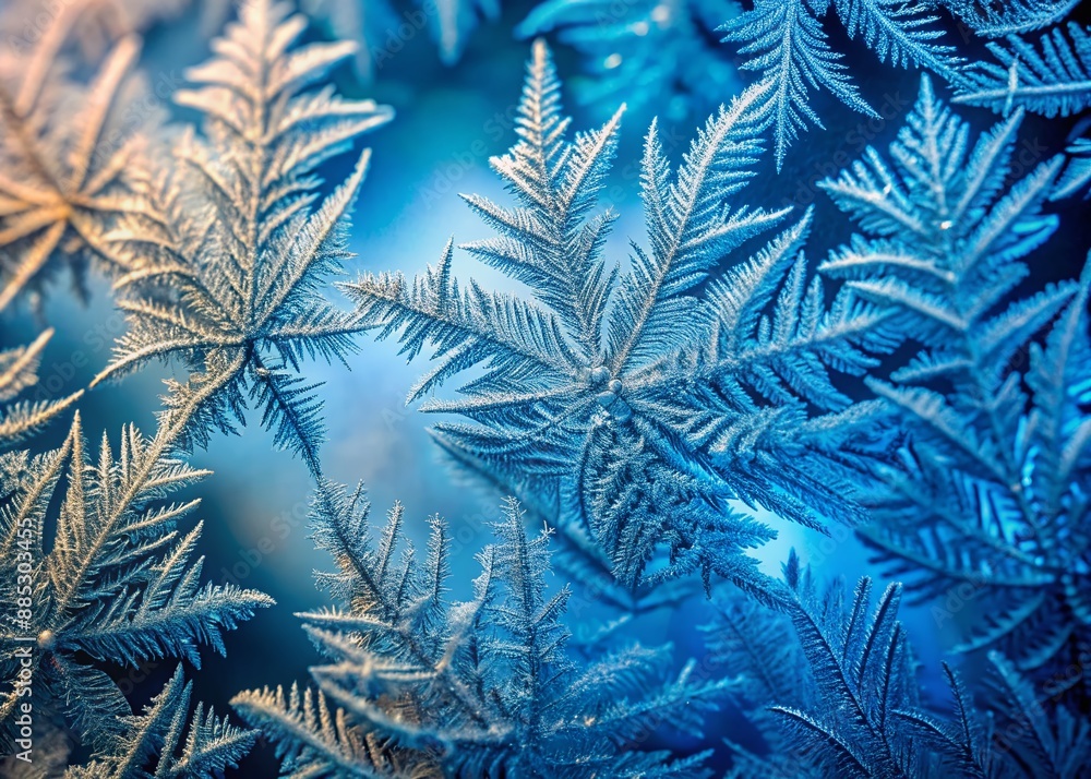 Poster macro shot of intricate frost patterns on a cold glass surface, showcasing a mesmerizing abstract bl