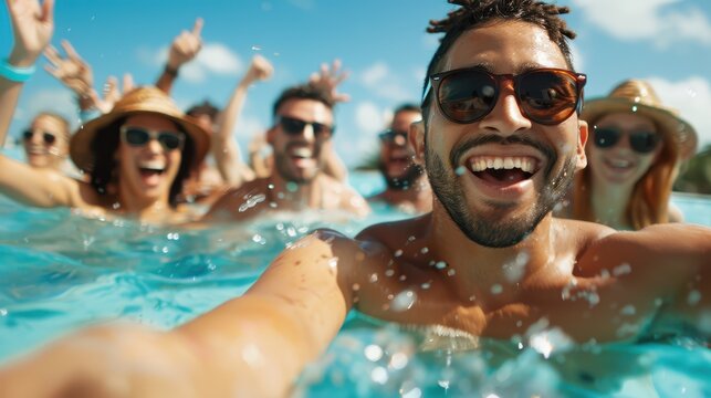 A group of excited friends, with one man prominently smiling, enjoy a fun-filled summer day in the pool, expressing playful energy and the joy of being together outdoors.