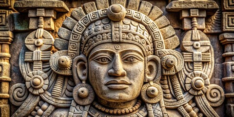 Obraz premium Detailed capture of a stone Mayan statue with intricate carvings and weathered texture, Mayan, statue, stone, detailed