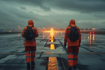 Two airport ground staff in orange jackets walking on wet tarmac during dawn, illuminated by airport lights, misty cold environment their dedication teamwork in navigating complex airport tarmac.