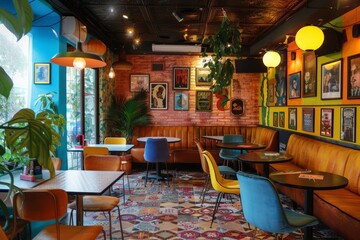 Cozy and colorful cafe retro vintage interior featuring diverse seating arrangements and vibrant wall art. Generated AI