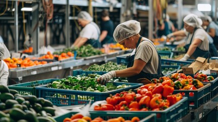 Obraz premium Workers sorting and packing fresh vegetables in a bustling packing house