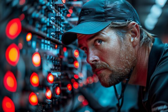 Male technician in baseball cap inspecting control panel with illuminated red buttons focused expression, detailed equipment, importance precise monitoring, maintenance in high-tech environment.