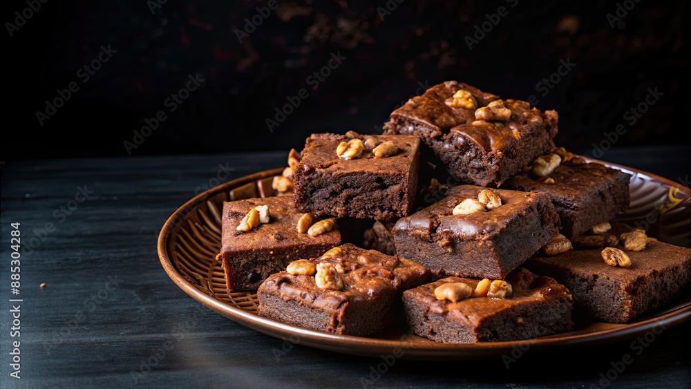 Poster Plate of warm, moist brownies with walnuts and chocolate , dessert, baked goods, sweet, indulgent, homemade, delicious, tasty, snack