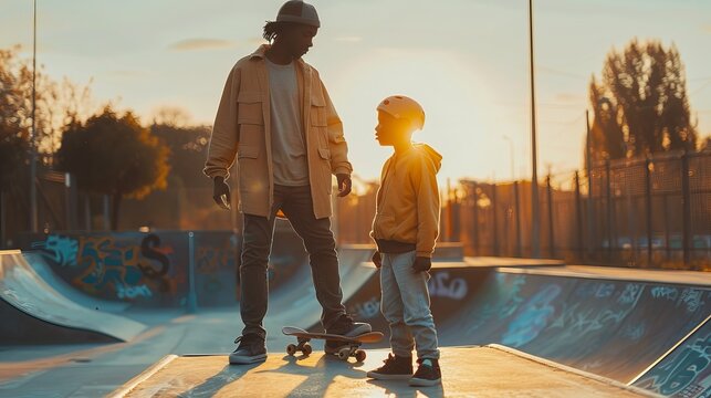 Happy Family, Multiracial Father and Son Bond Over Skateboarding at Sunset in Urban Skate Park. Generative ai - Powered by Adobe