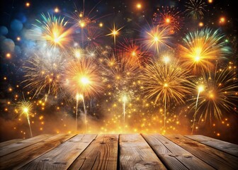 Vibrant sparkling fireworks explode on a rustic wooden surface, surrounded by wispy smoke and warm glow, creating a magical and festive atmosphere.