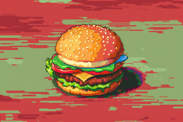 Pixel Art of Tasty Hamburger. Delicious Pixelated Fast Food Burger