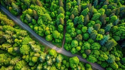 Fototapeta premium Beautiful aerial view of lush green forest with a dirt road cutting through trees and foliage, panoramic, aerial view