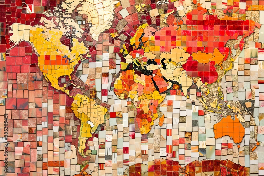 Aufkleber a world map created with colorful, tiny mosaic tiles. generative ai