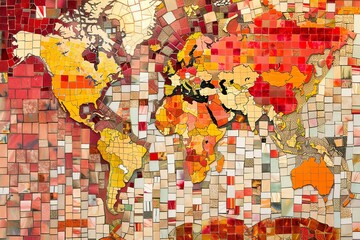 A world map created with colorful, tiny mosaic tiles. Generative AI