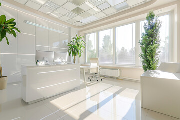 Fototapeta premium A clean office with a bright, white-toned interior and a large window, Generative AI 