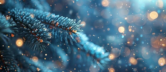 A Christmas tree outdoors, with snow falling and lights bokeh around it.
