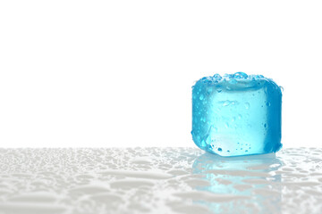 closeup of blue plastic ice cube with water