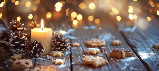 Decoration with candles and natural elements, twigs, pine cones, and cookies for the First Advent Sunday - Advent banner, panorama with magic bokeh lights