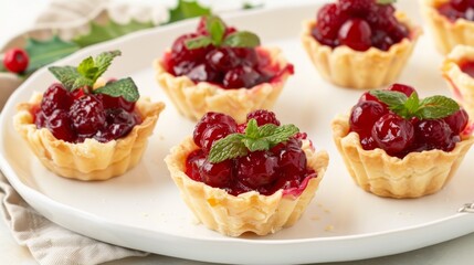 Delectable Cherry Tarts on Plate with Fresh Mint Garnish