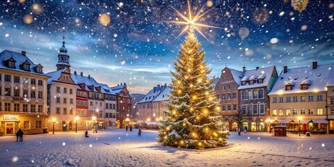 Fototapeta premium Sparkling snowflakes gently fall on a tranquil town square, where a majestic Christmas tree towers, radiating warmth and festive community spirit, surrounded by snow-dusted buildings.