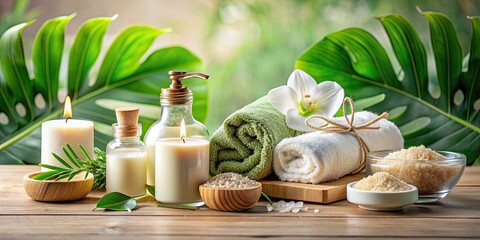 Elegant spa essentials collection with beauty products and natural decor, spa, essentials, collection, beauty products