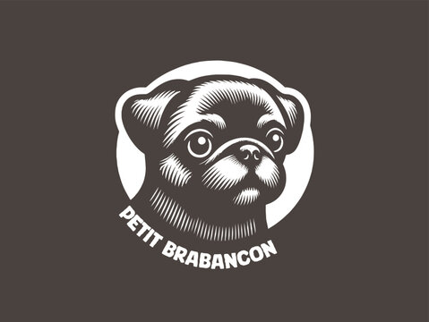 Petit Brabancon logo, emblem, label. Cute dog. Vintage black engraving illustration . Isolated object. Print. 