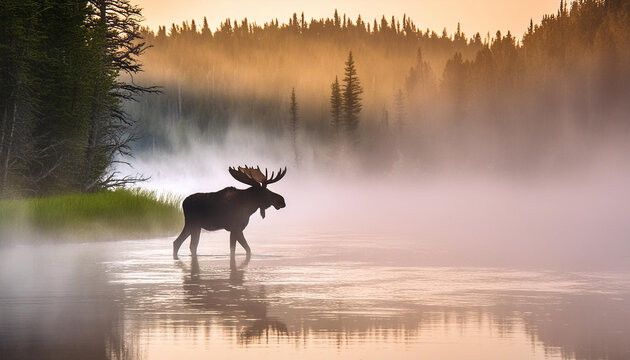 Krajobraz z łosiem idącym po wodzie, o świcie we mgle, tapeta generative ai