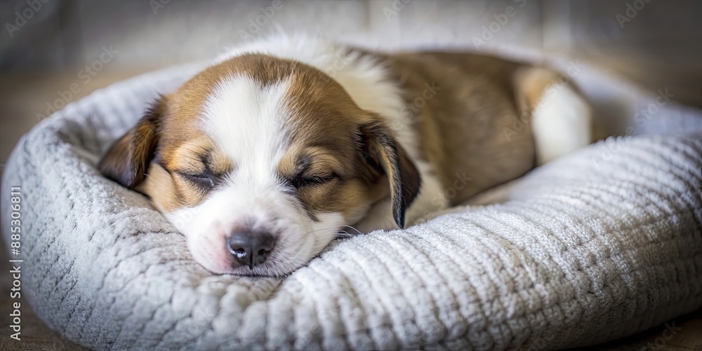 Sticker Cute puppy peacefully sleeping on a cozy pillow, pet, dog, puppy, sleeping, nap, relaxing, cozy, comfortable, bed, resting, adorable