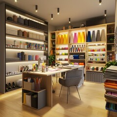 A modern sewing room with bright lighting and organized fabric storage for crafting and quilting projects