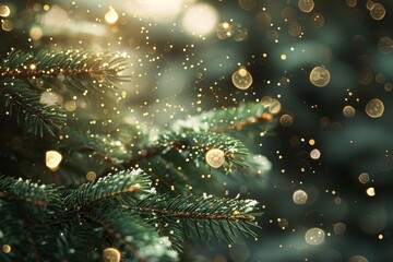 With a garland against falling snow, Christmas tree branches look beautiful.